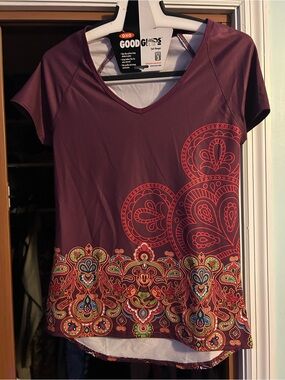 Disney Purple Short Sleeve V-Neck Top with Colorful Paisley Border
